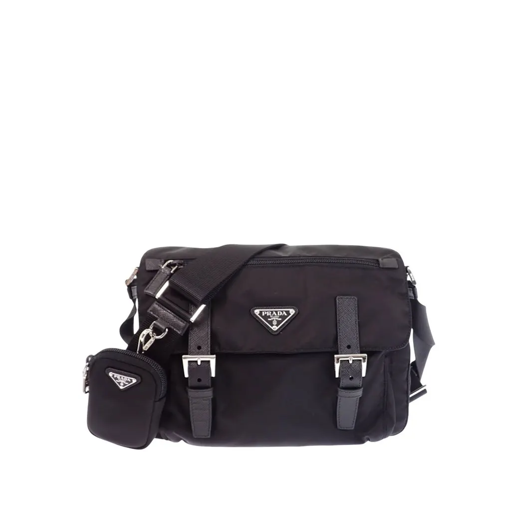 Prada Saffiano Trimmed Re Nylon Double Buckle Messenger Bag Black Polyamide Very good - Front View