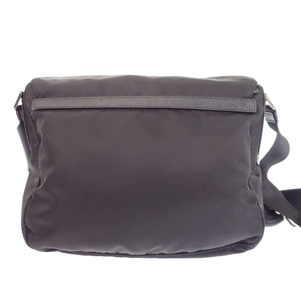 Prada Saffiano Trimmed Re Nylon Double Buckle Messenger Bag Black Polyamide Very good - Back View