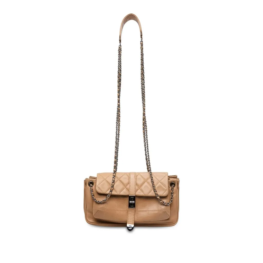 Chanel Quilted Lambskin Mademoiselle Lock Accordion Flap Brown Leather Good - Front View