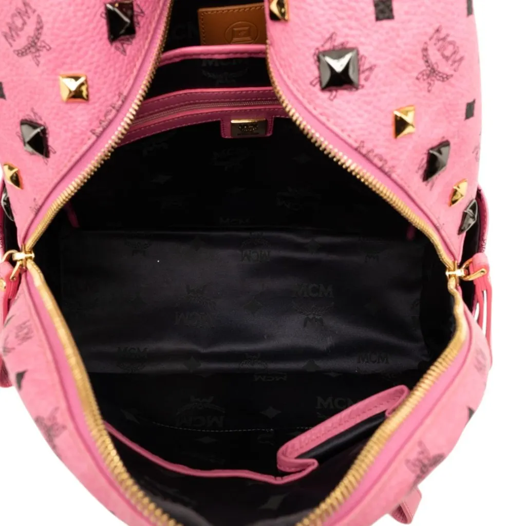 MCM Visetos Studded Coated Canvas Stark Backpack Pink Canvas Good - Model View