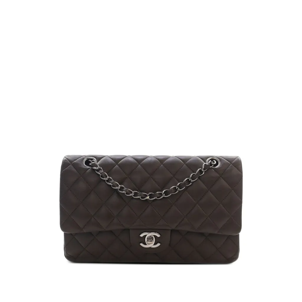 Chanel Medium Classic Lambskin Double Flap Brown Leather Very good - Front View