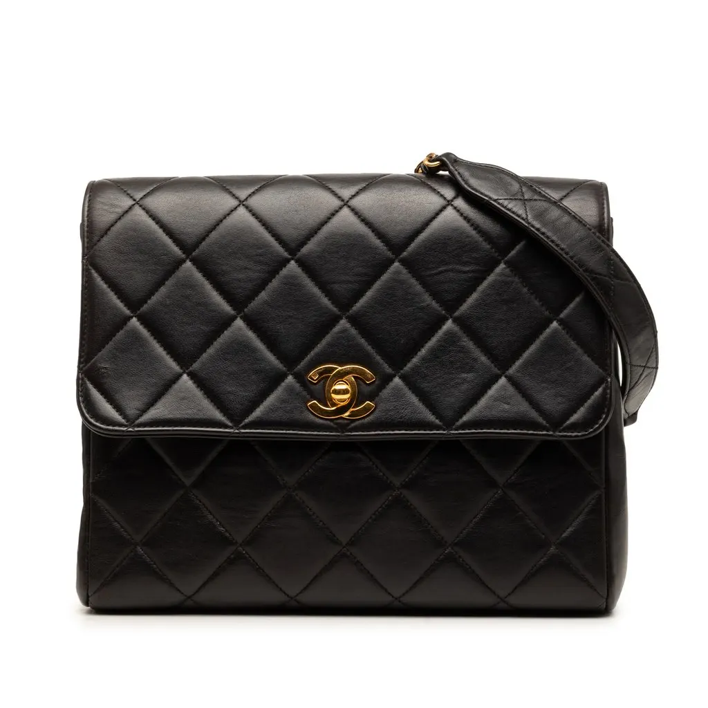 Chanel Small Square Quilted Lambskin Straight Single Flap Black Leather Very good - Front View