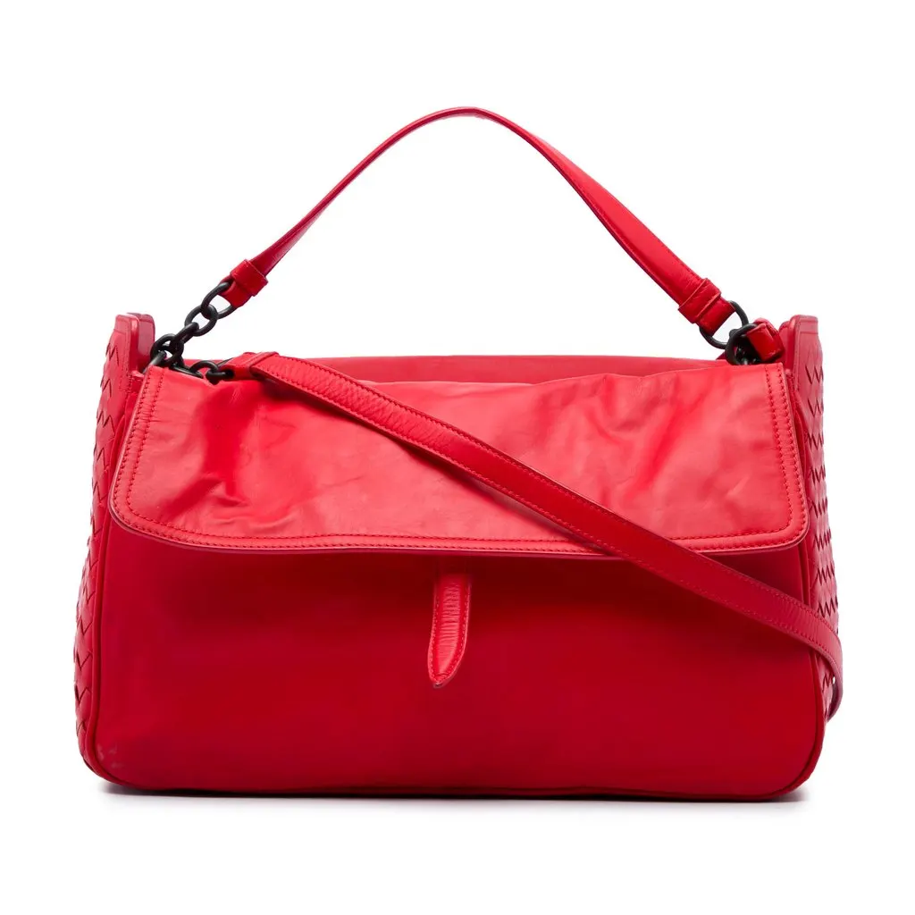 Bottega Veneta Intrecciato Trimmed Nappa Satchel Red Leather Very good - Front View
