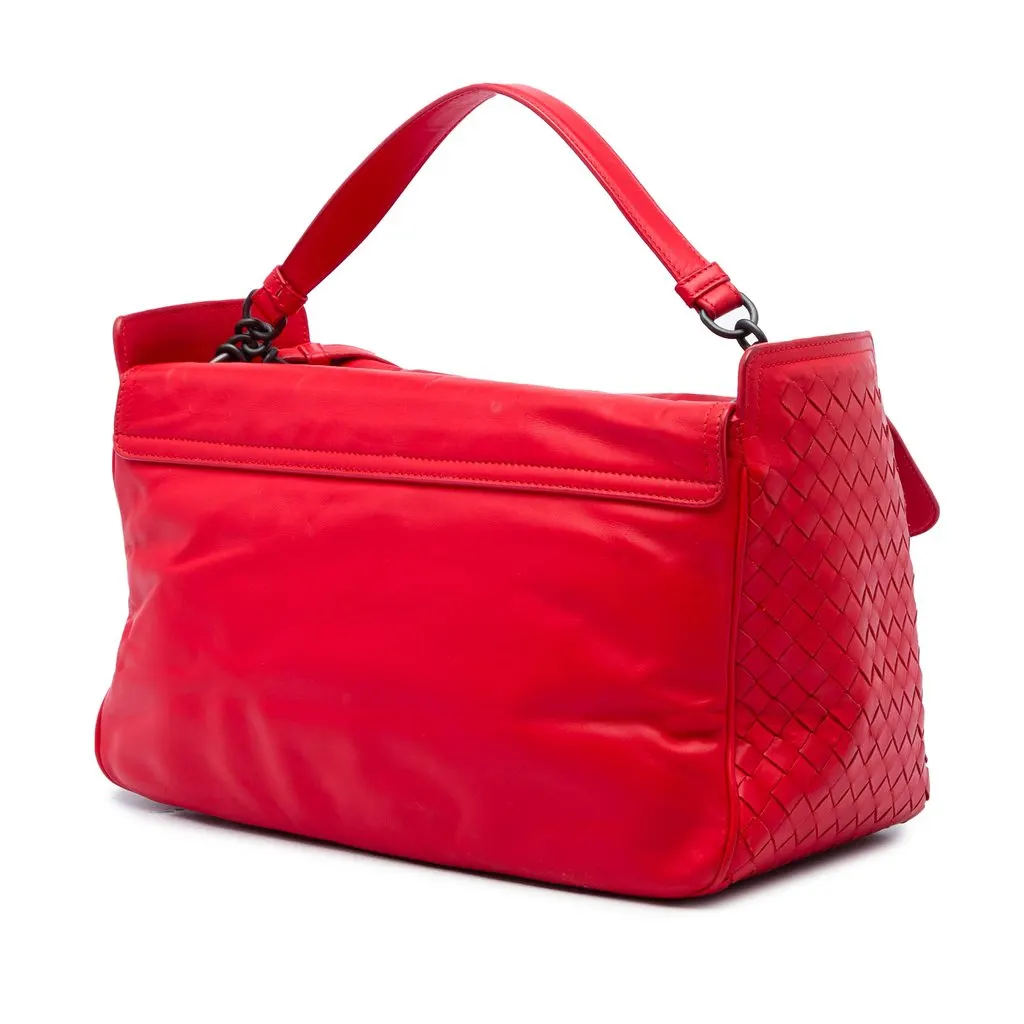 Bottega Veneta Intrecciato Trimmed Nappa Satchel Red Leather Very good - Back View