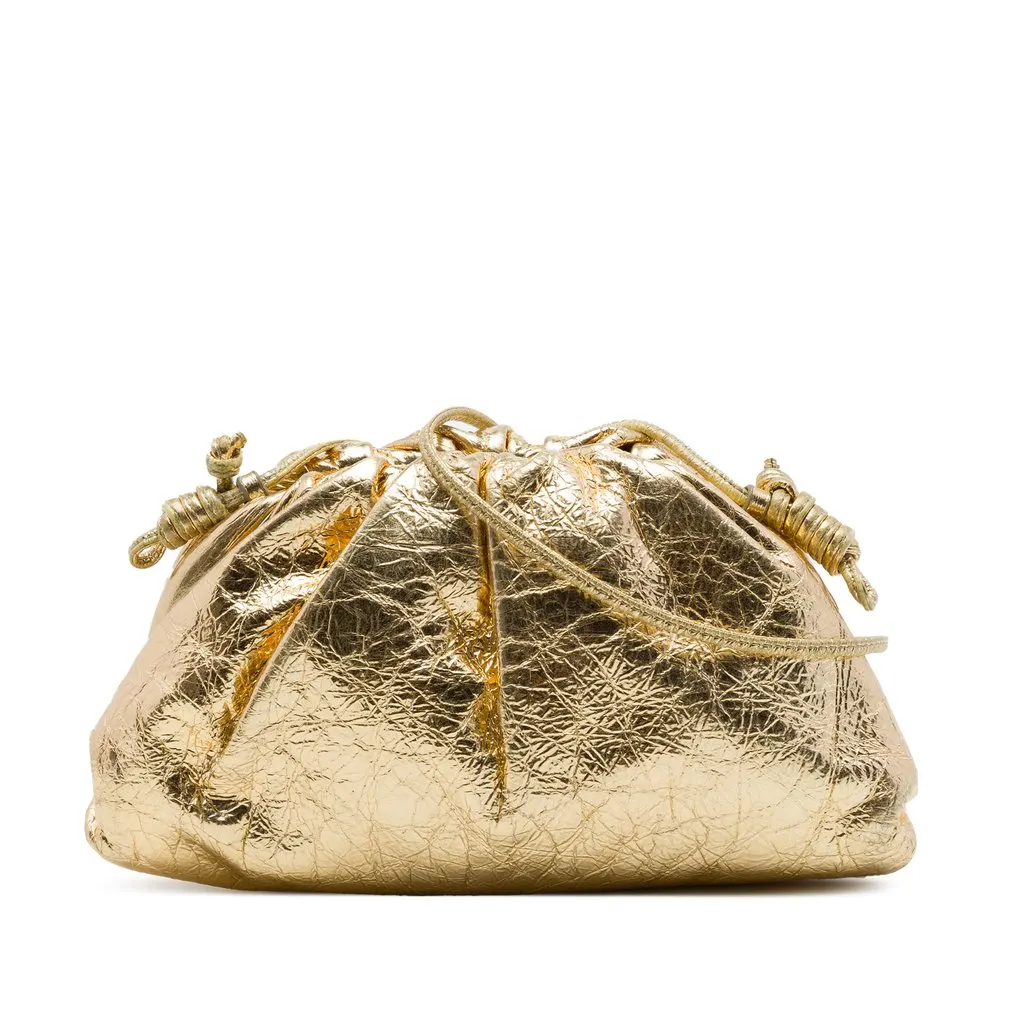 Bottega Veneta Metallic Crinkled Lambskin The Mini Pouch Crossbody Gold Leather Very good - Front View