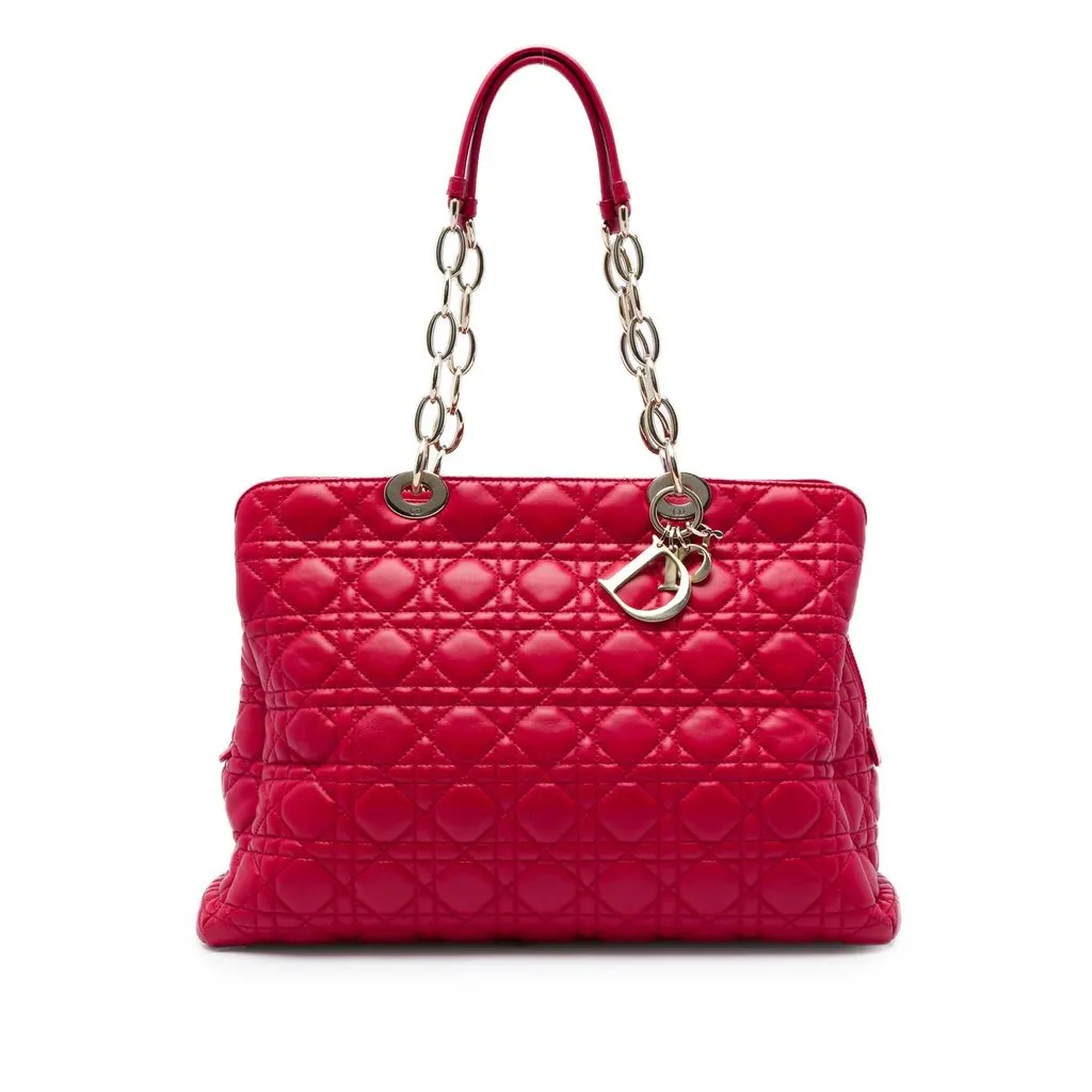Dior Large Lambskin Cannage Soft Zipped Lady Dior Shopping Tote Red Leather Good - Front View