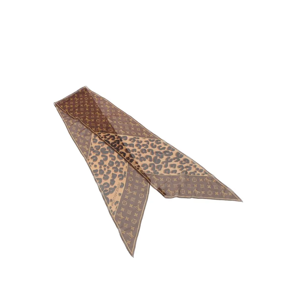 Louis Vuitton Monogram Leopard Print Silk Crepe Scarf Brown Silk Very good - Front View