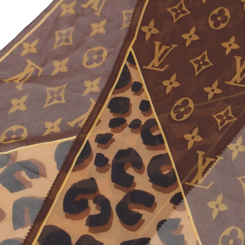 Louis Vuitton Monogram Leopard Print Silk Crepe Scarf Brown Silk Very good - Box View