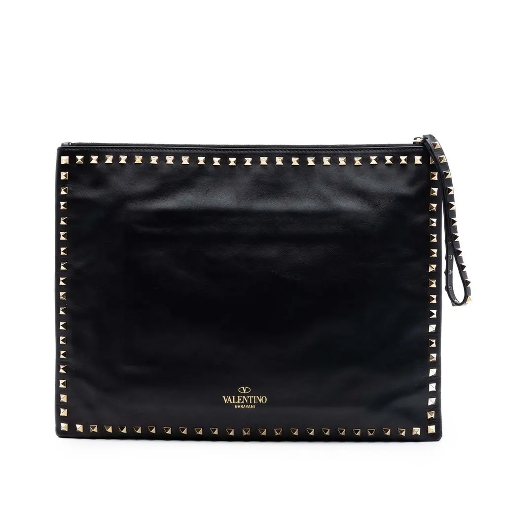 Valentino Large Leather Rockstud Clutch Black Leather Very good - Front View
