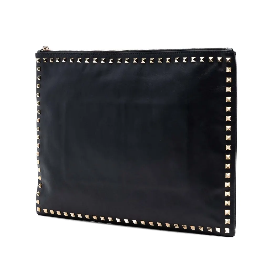 Valentino Large Leather Rockstud Clutch Black Leather Very good - Back View