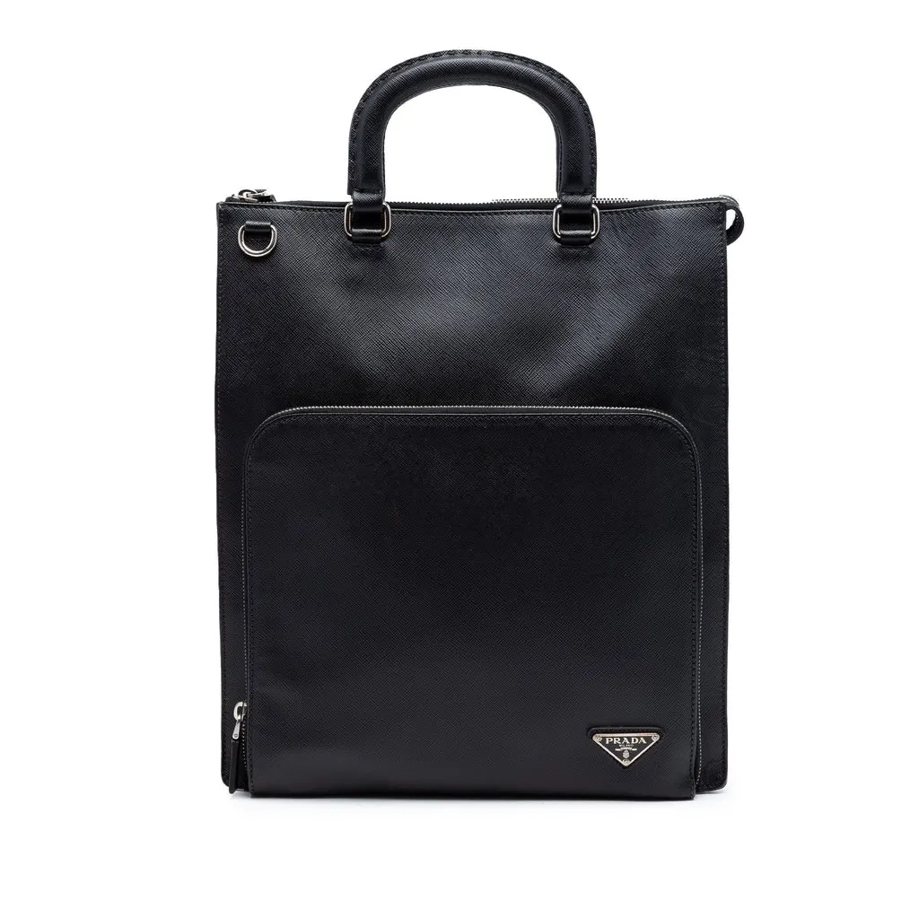 Prada Saffiano Lux Front Pocket Convertible Tote Black Leather Very good - Front View