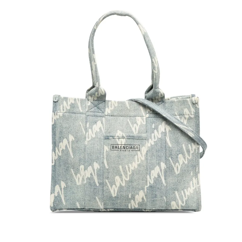 Balenciaga Small Denim Scribble Logo Hardware Satchel Blue Denim Good - Front View