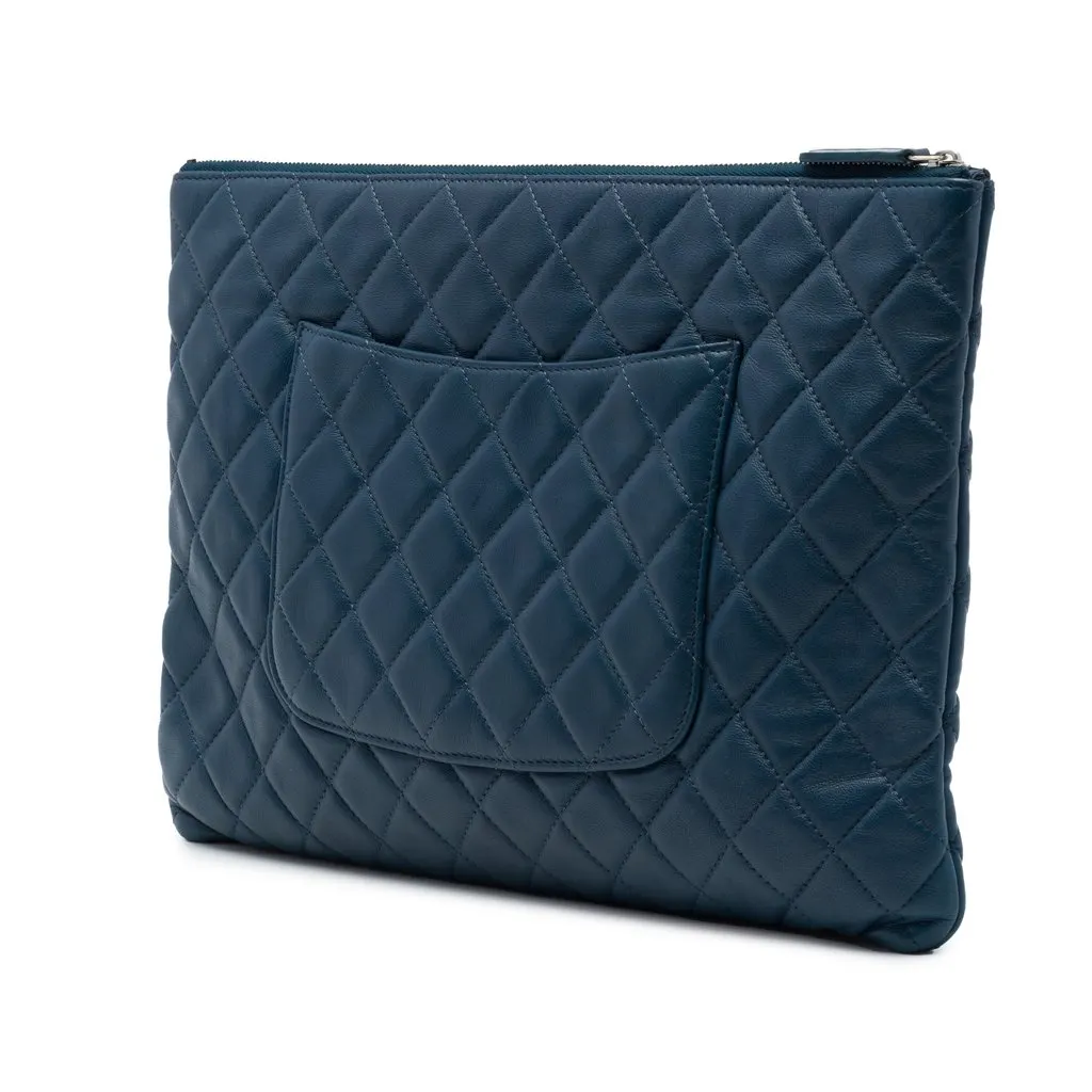Chanel Large Quilted Lambskin O Case Clutch Blue Leather Very good - Back View