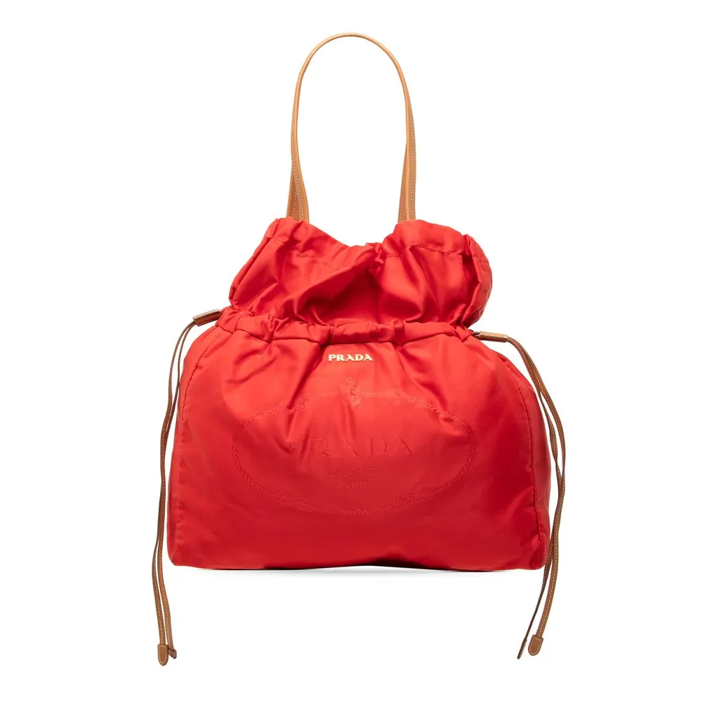Prada Tessuto Logo Drawstring Tote Red Polyamide Very good - Front View
