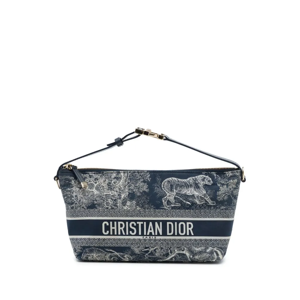 Dior Medium Technical Fabric Toile de Jouy Reverse DiorTravel Nomad Pouch Blue Polyester Very good - Front View