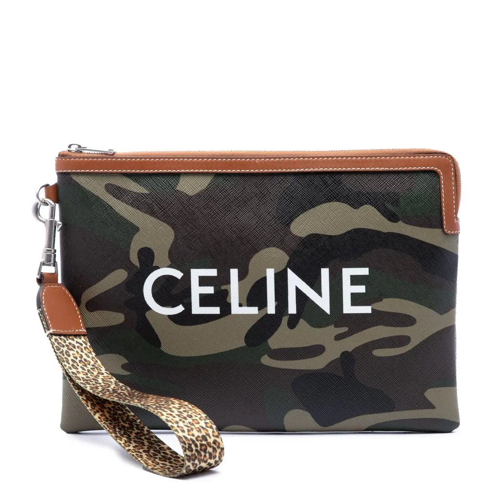 Celine Small Camouflage Coated Canvas Pouch with Strap Green Canvas Very good - Front View