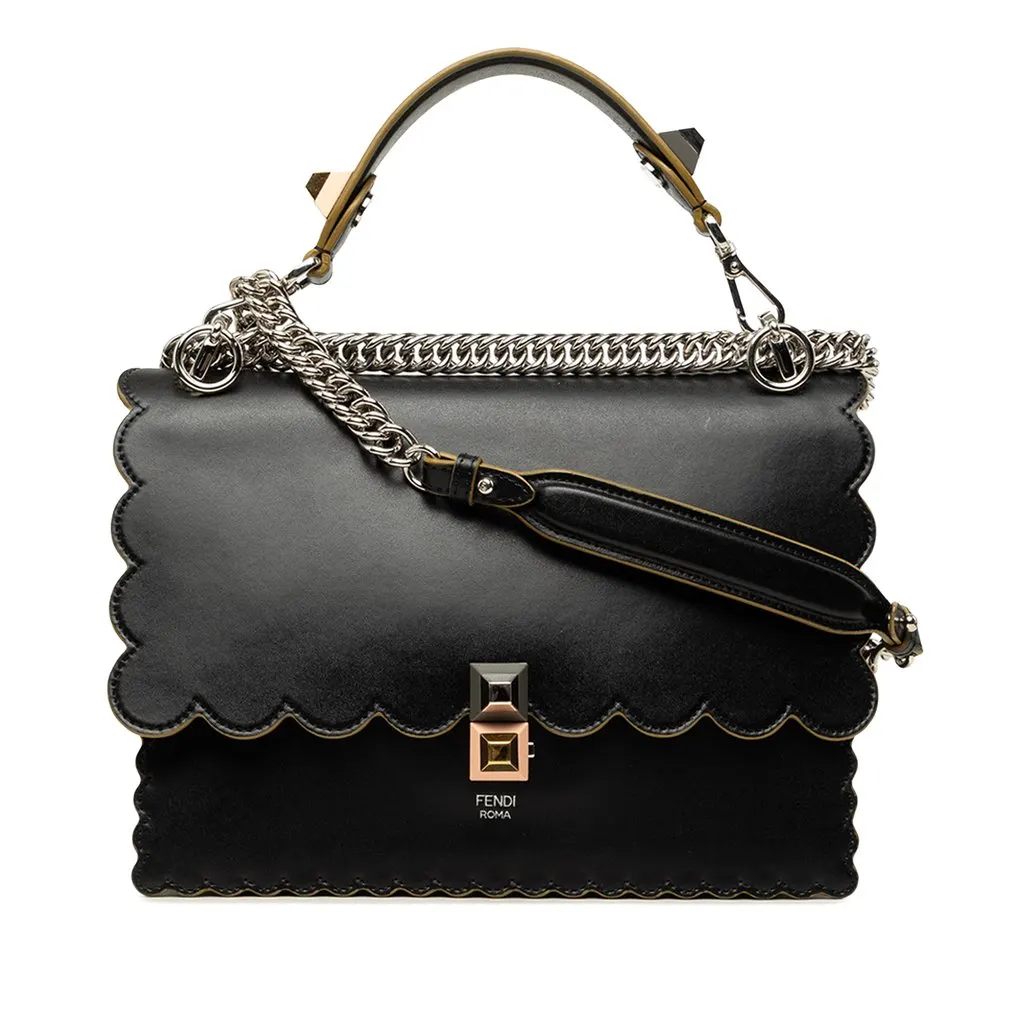 Fendi Medium Scalloped Leather Kan I Satchel Black Leather Good - Front View