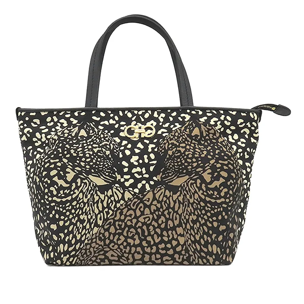 Salvatore Ferragamo Nylon Leopard Print Double Gancini Tote Black Very good - Front View