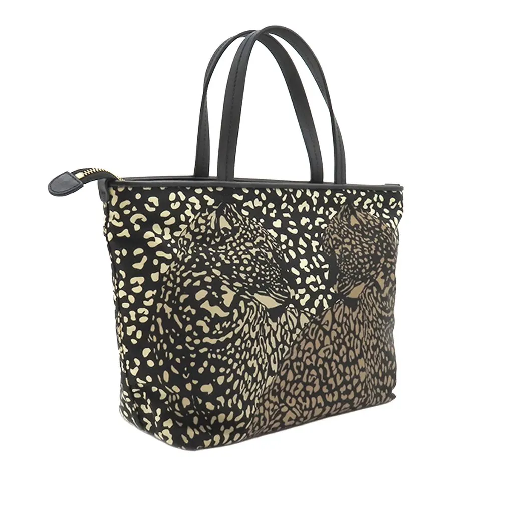 Salvatore Ferragamo Nylon Leopard Print Double Gancini Tote Black Very good - Back View