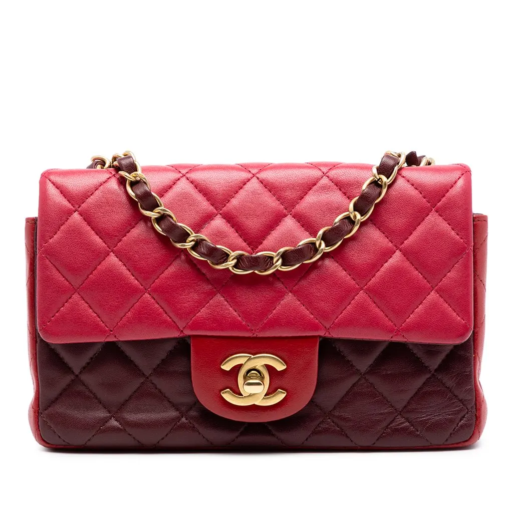 Chanel Mini Rectangular Classic Tricolor Lambskin Single Flap Red Leather Good - Front View
