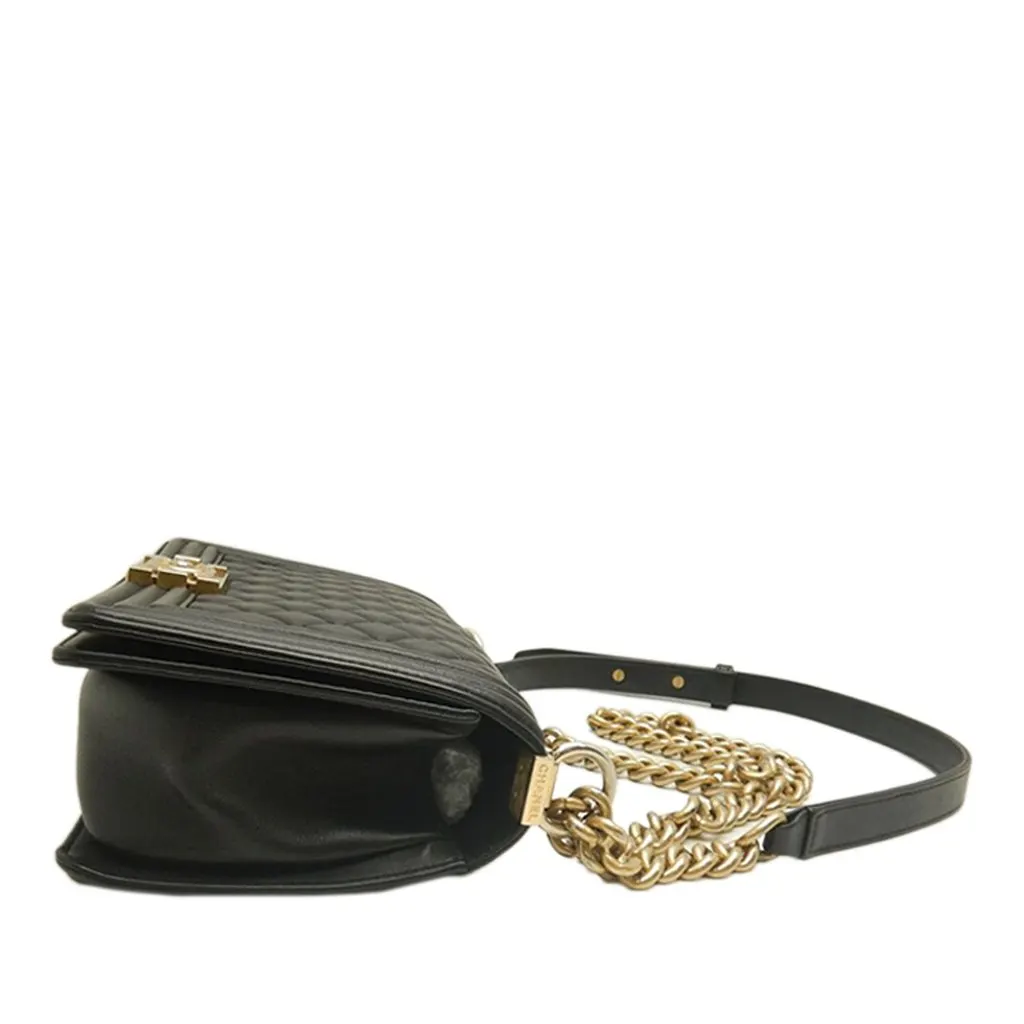 Chanel Old Medium Quilted Lambskin Boy Flap Black Leather Very good - Back View