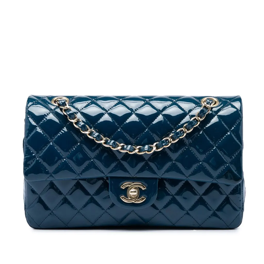 Chanel Medium Classic Patent Double Flap Blue Leather Very good - Front View