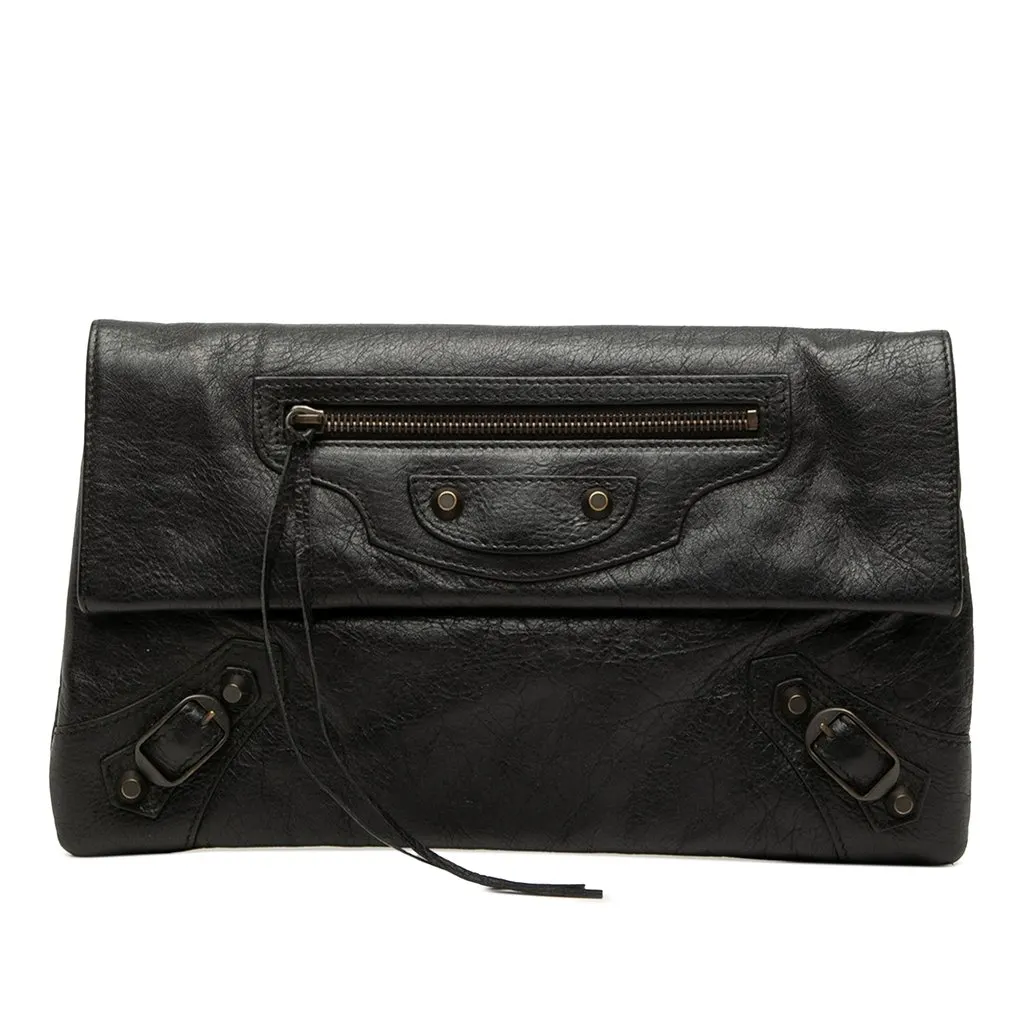 Balenciaga Lambskin Motocross Classic Envelope Clutch Black Leather Very good - Front View