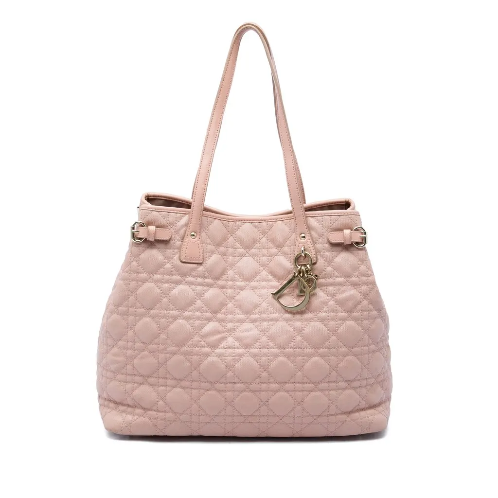 Dior Large Coated Canvas Cannage Panarea Tote Pink Canvas Good - Front View