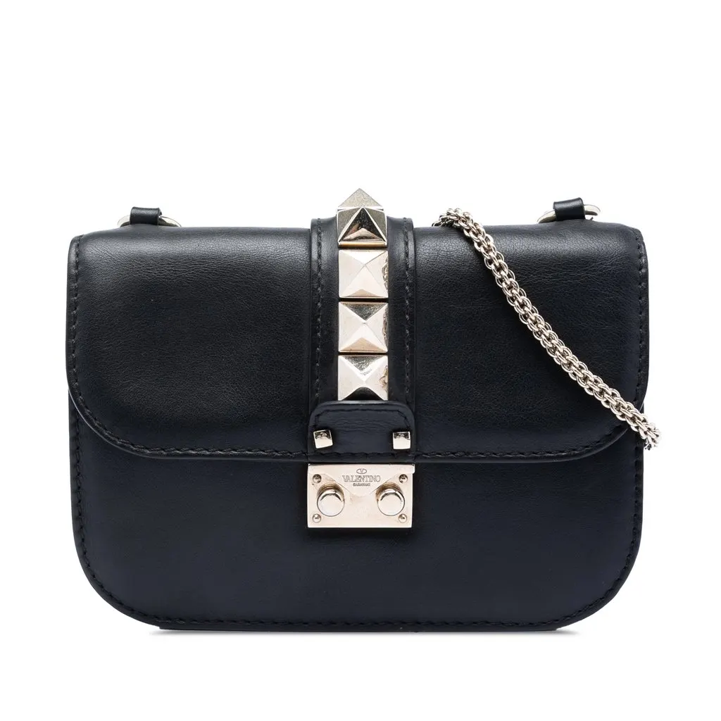 Valentino Small Leather Rockstud Glam Lock Crossbody Black Leather Very good - Front View