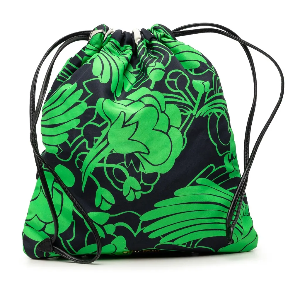 Miu Miu Canvas Floral Botanical Print Drawstring Pouch Black Very good - Front View