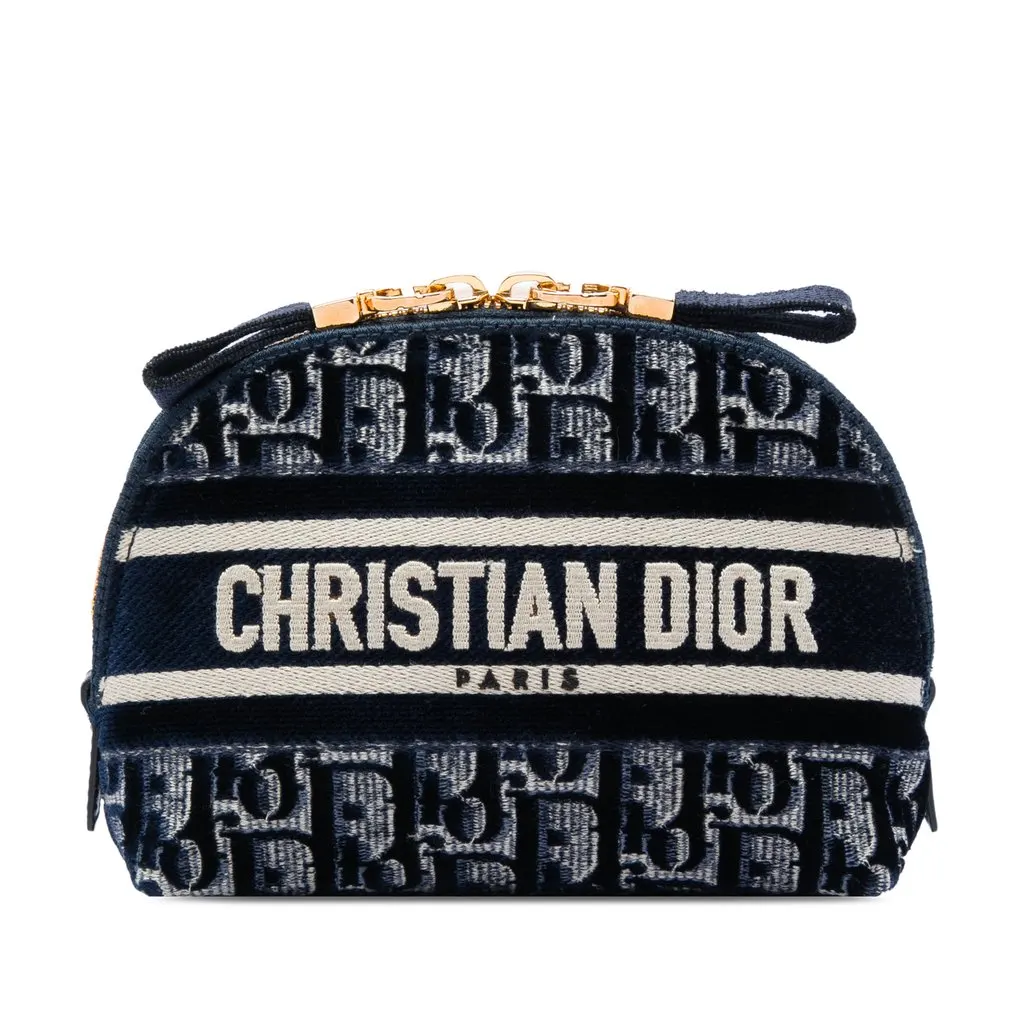 Dior Oblique Embroidered Velvet Cosmetic Pouch Blue Velvet Very good - Front View