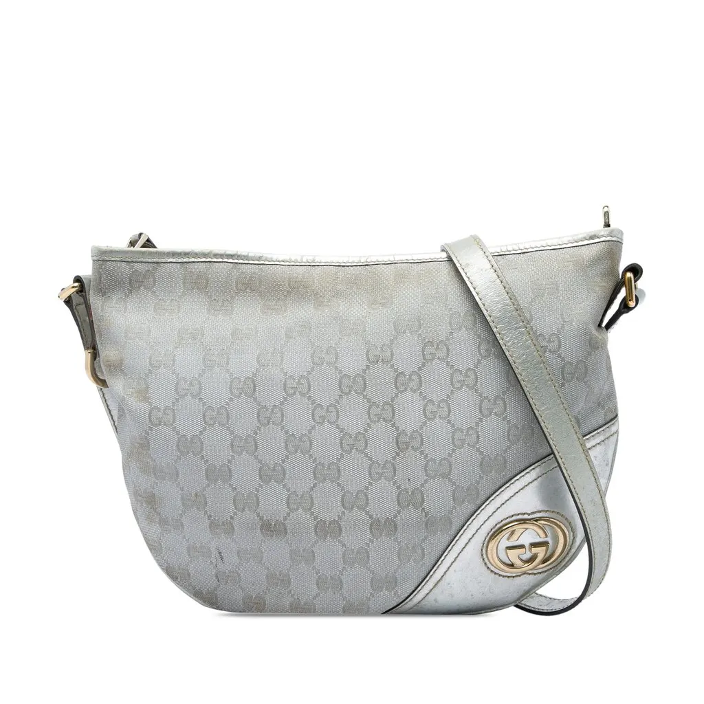 Gucci Medium GG Canvas New Britt Half Moon Crossbody Silver Canvas Good - Front View
