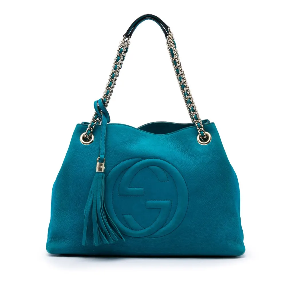 Gucci Medium Calfskin Soho Chain Tote Blue Leather Good - Front View