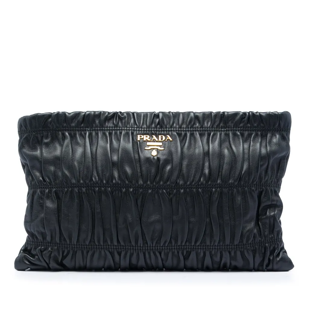 Prada Nappa Gaufre Clutch Black Leather Very good - Front View