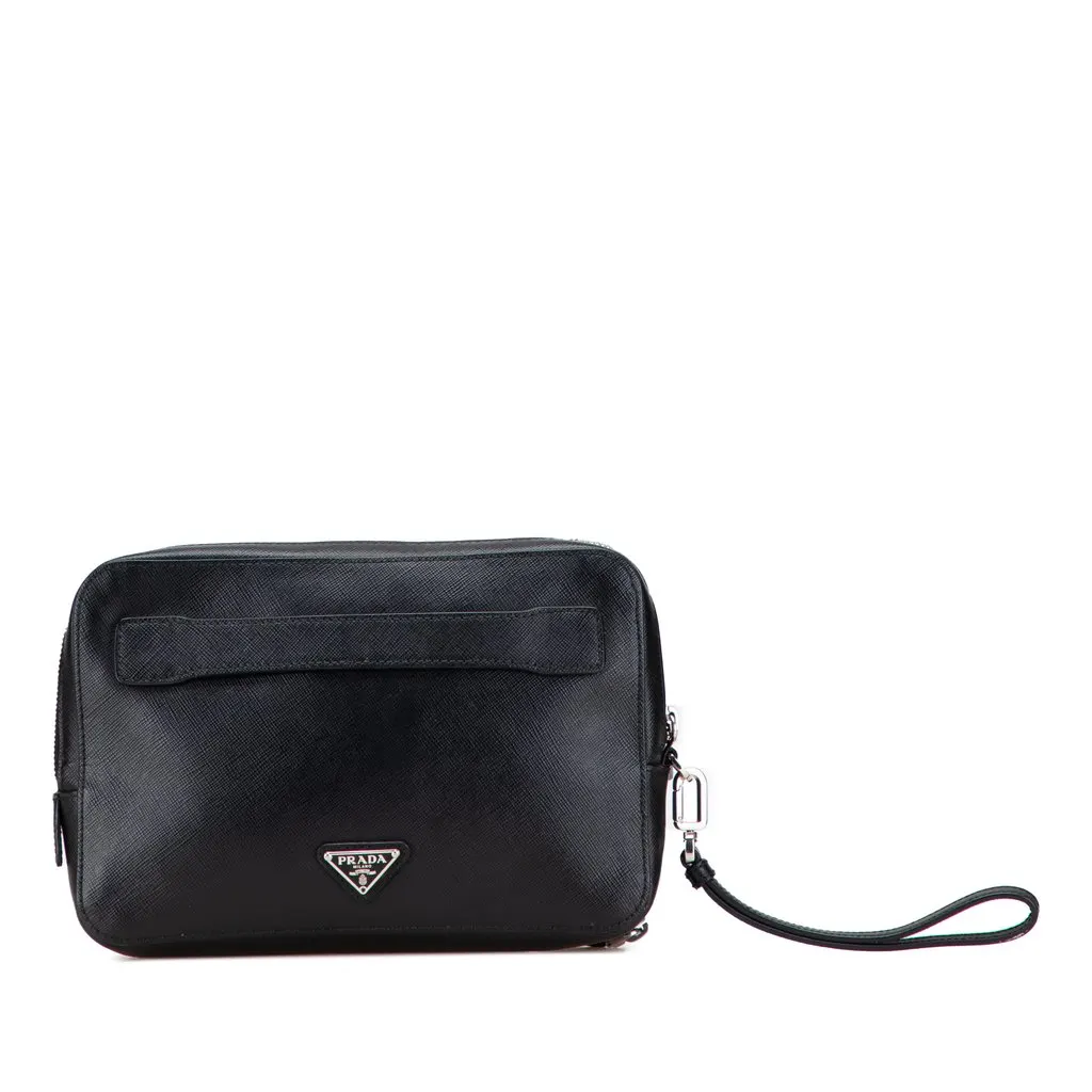 Prada Saffiano Portfolio Zip Clutch Black Leather Good - Front View