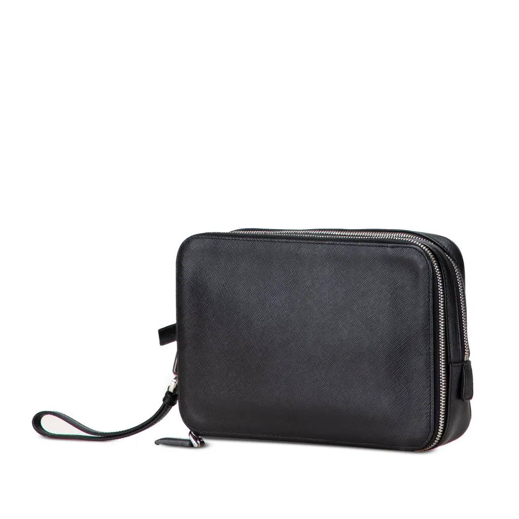 Prada Saffiano Portfolio Zip Clutch Black Leather Good - Back View