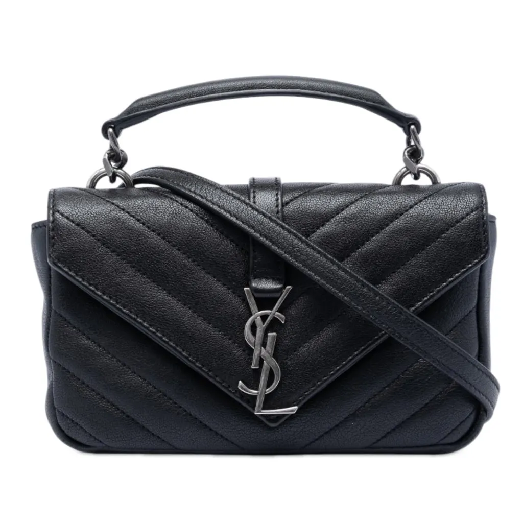 Saint Laurent Mini Chevron Sheepskin Monogram College Satchel Black Leather Very good - Front View