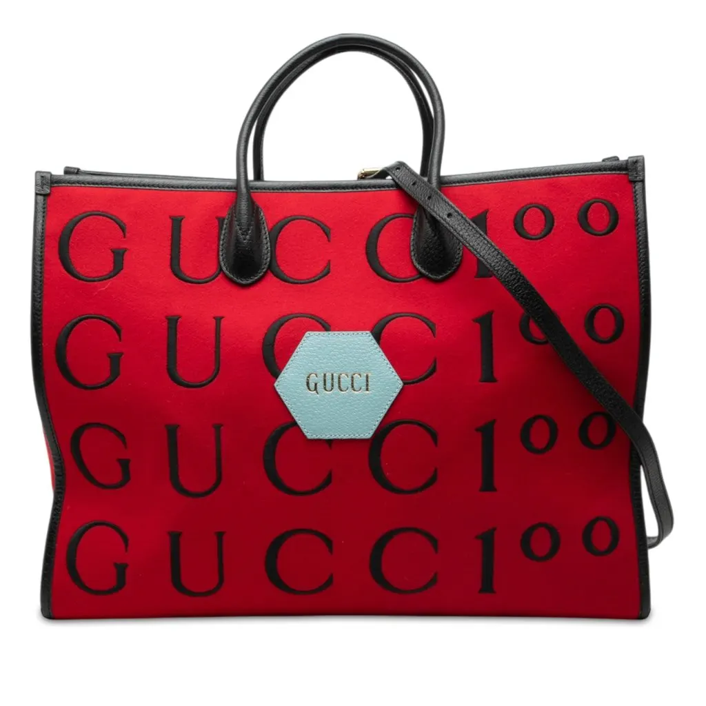 Gucci 100th Anniversary Calfskin Trimmed Felt Script Logo Shopping Tote Red Very good - Front View