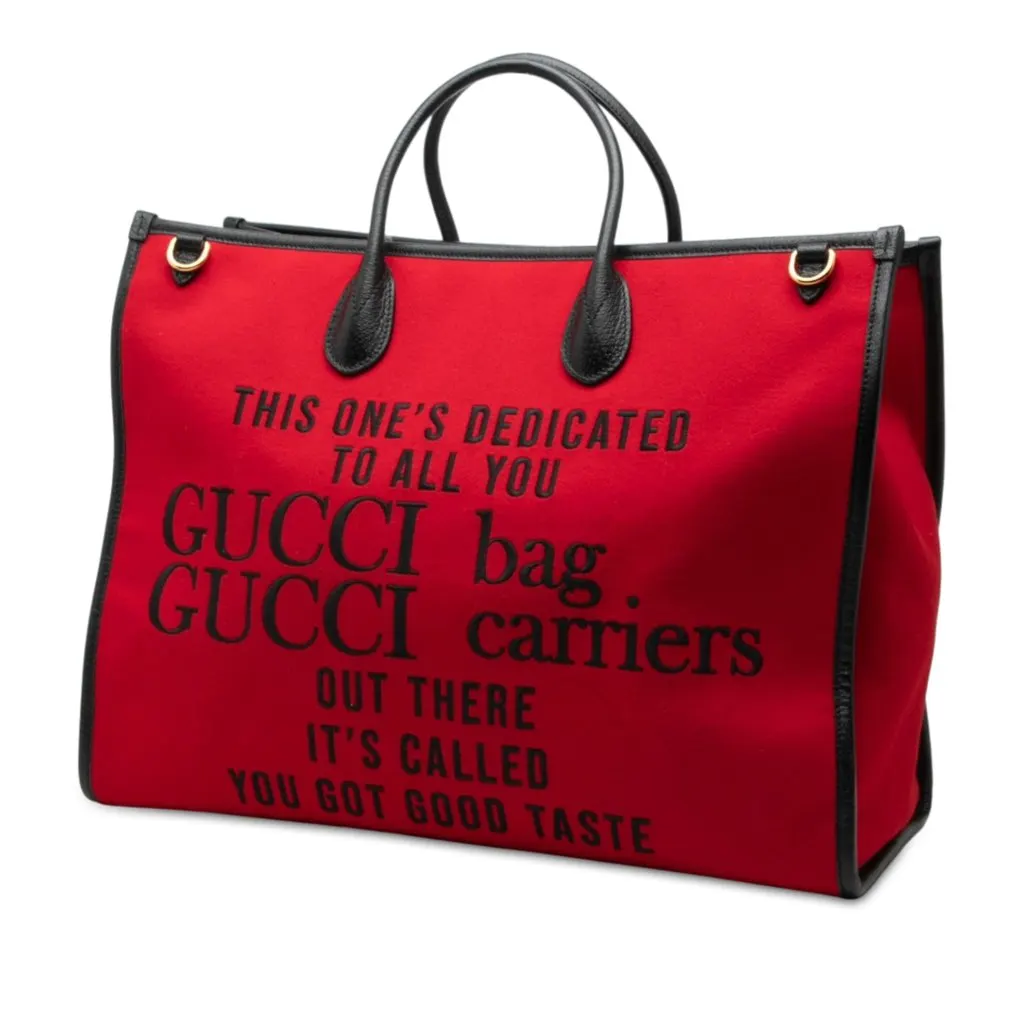 Gucci 100th Anniversary Calfskin Trimmed Felt Script Logo Shopping Tote Red Very good - Back View