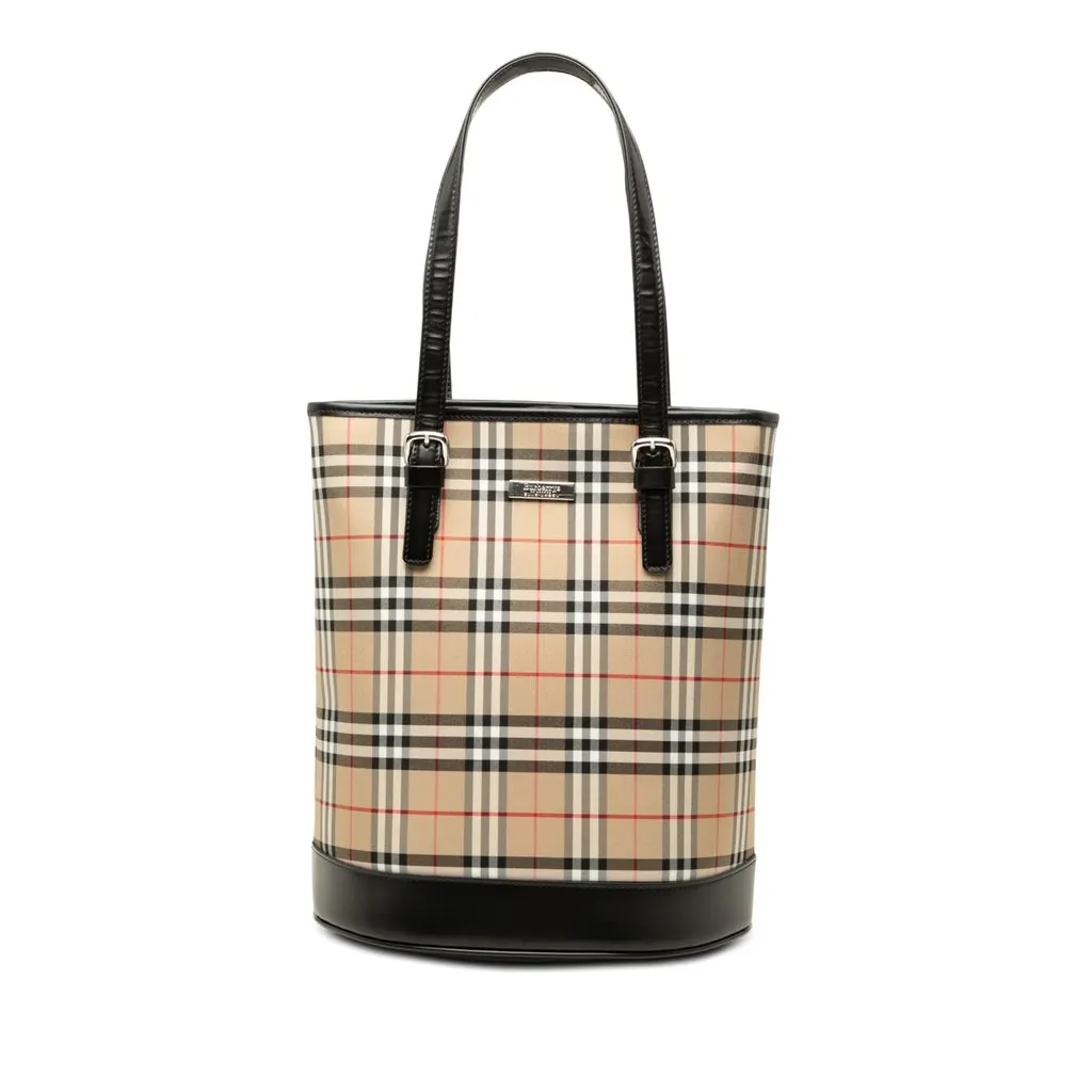 Burberry House Check Coated Canvas Bucket Bag Beige Very good - Front View