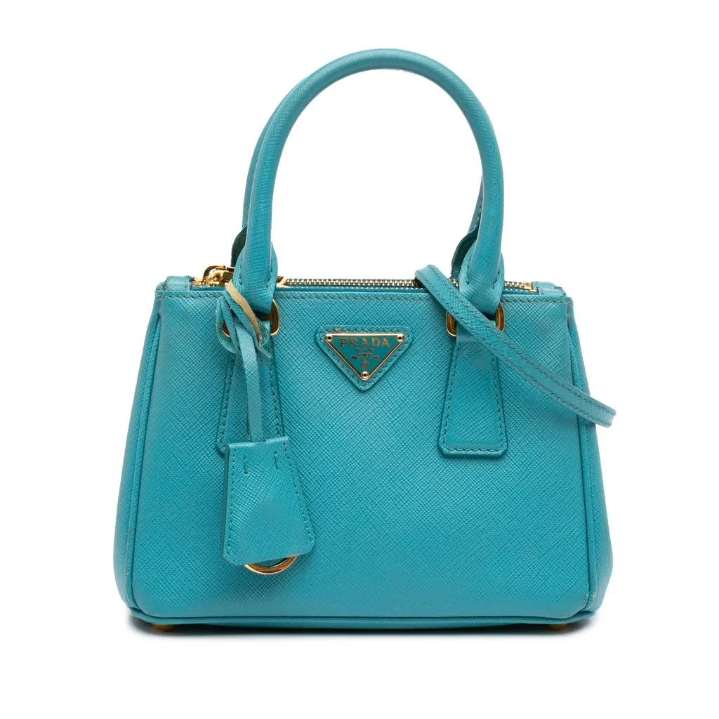 Prada Micro Saffiano Galleria Double Zip Satchel Blue Leather Good - Front View