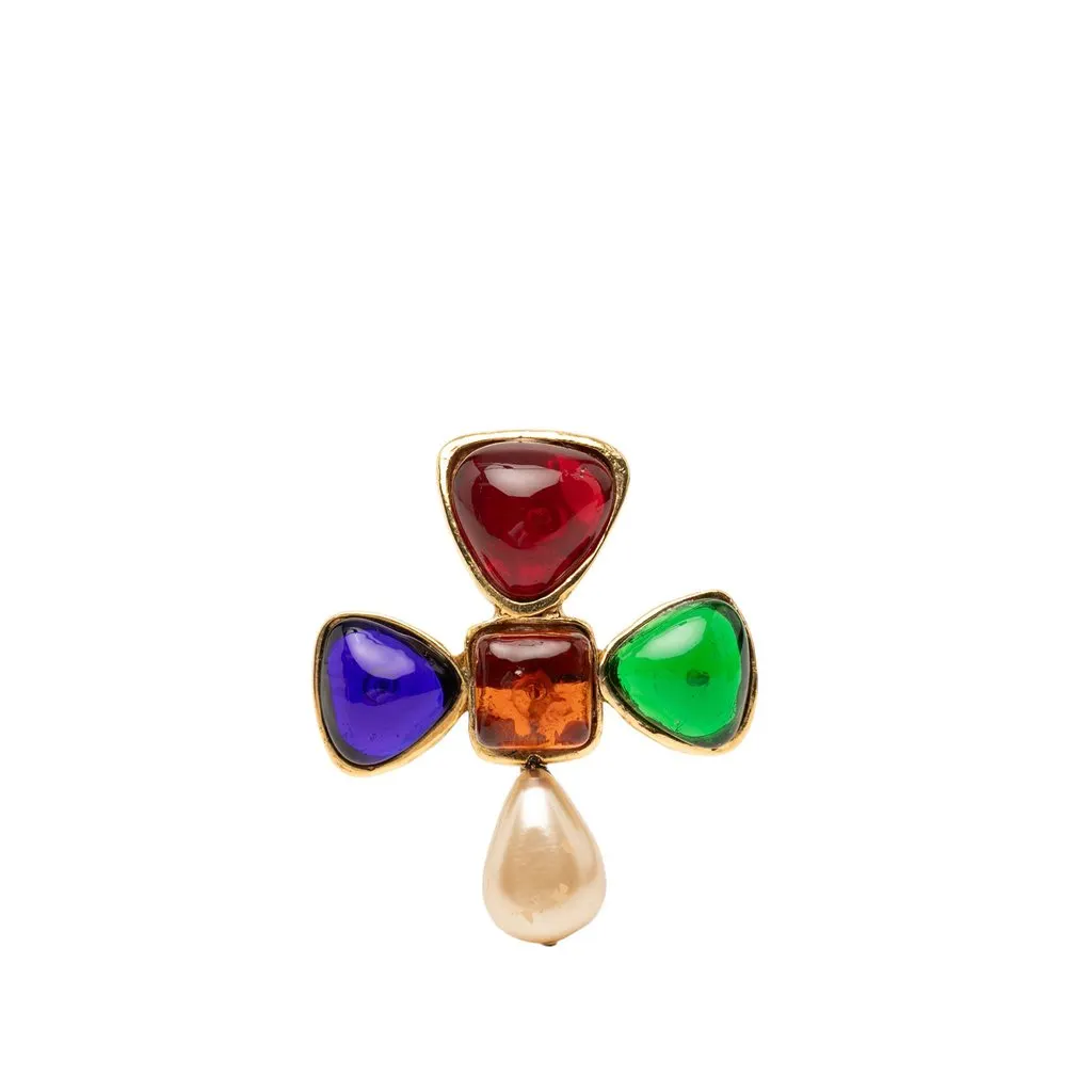 Chanel Gold Plated Multicolored Gripoix and Faux Pearl Pin Brooch MultiColor Very good - Front View