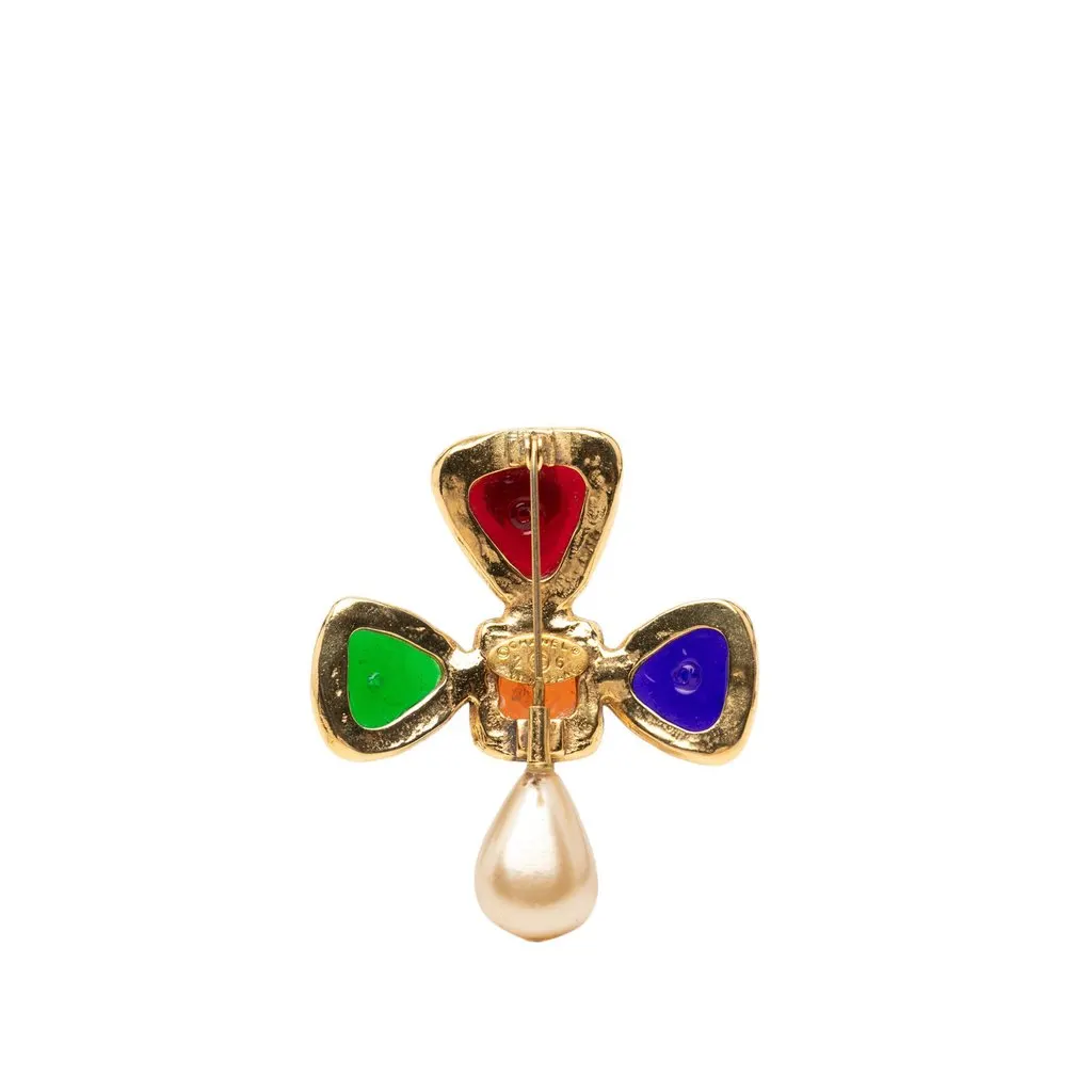 Chanel Gold Plated Multicolored Gripoix and Faux Pearl Pin Brooch MultiColor Very good - Back View