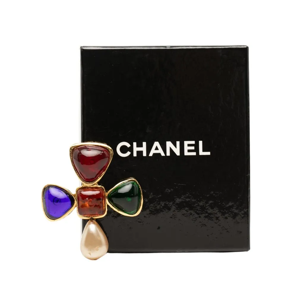 Chanel Gold Plated Multicolored Gripoix and Faux Pearl Pin Brooch MultiColor Very good - Box View