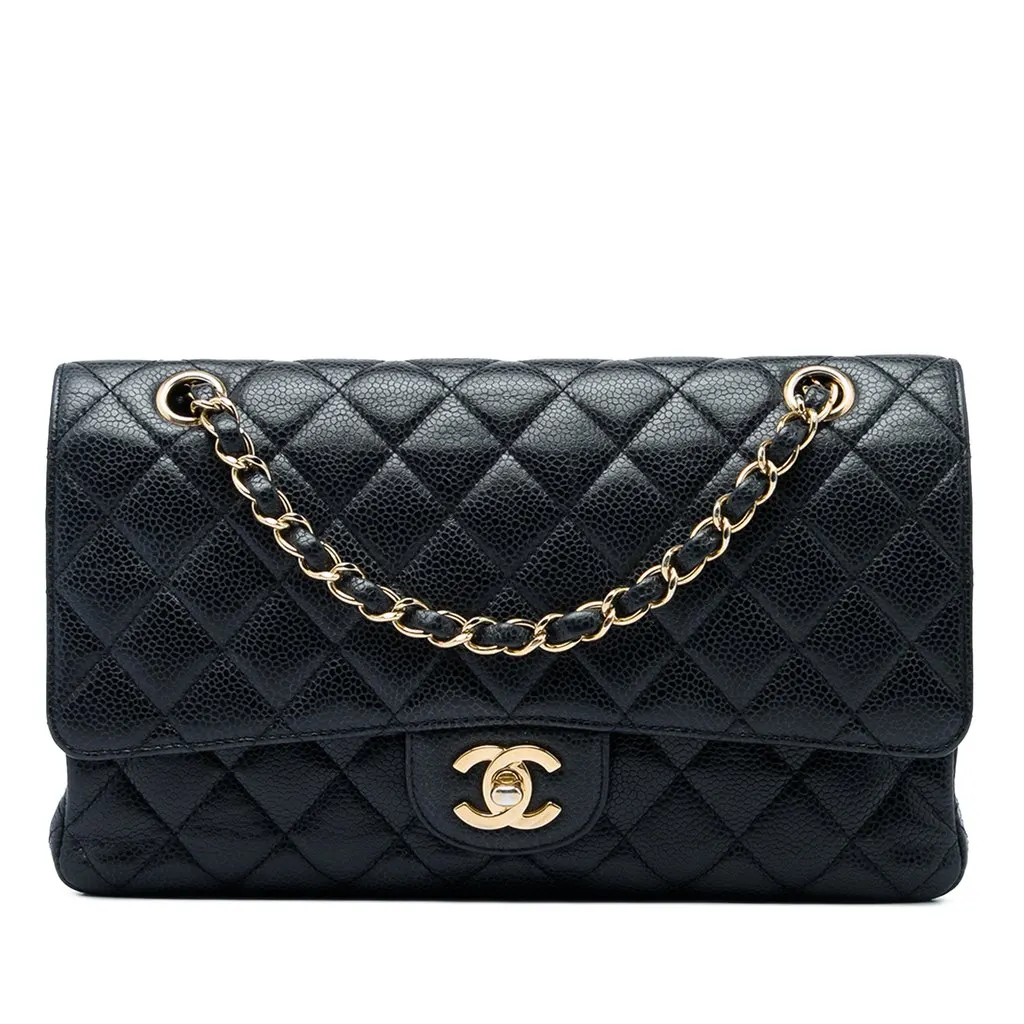 Chanel Medium Classic Caviar Double Flap Black Leather Very good - Front View