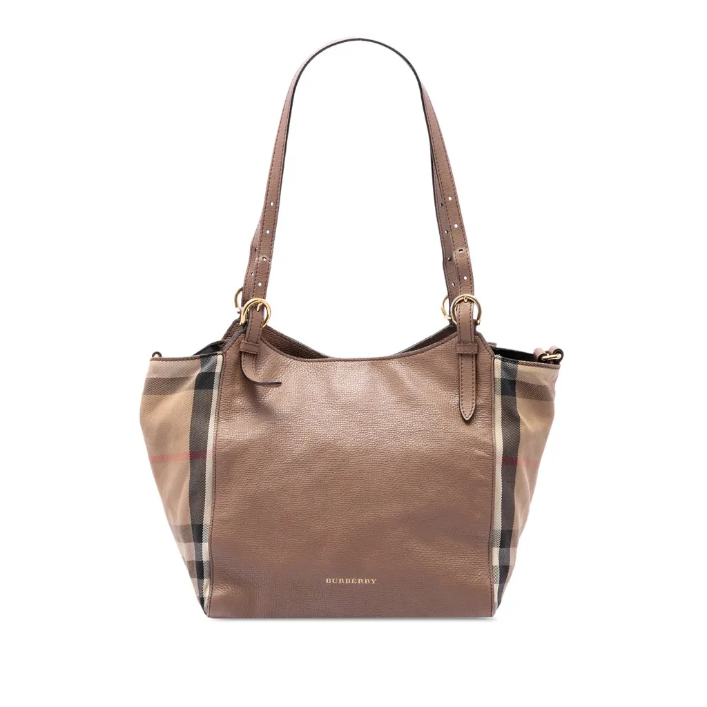Burberry Small Derby Calfskin and House Check Canvas Canterbury Tote Beige Leather Very good - Front View