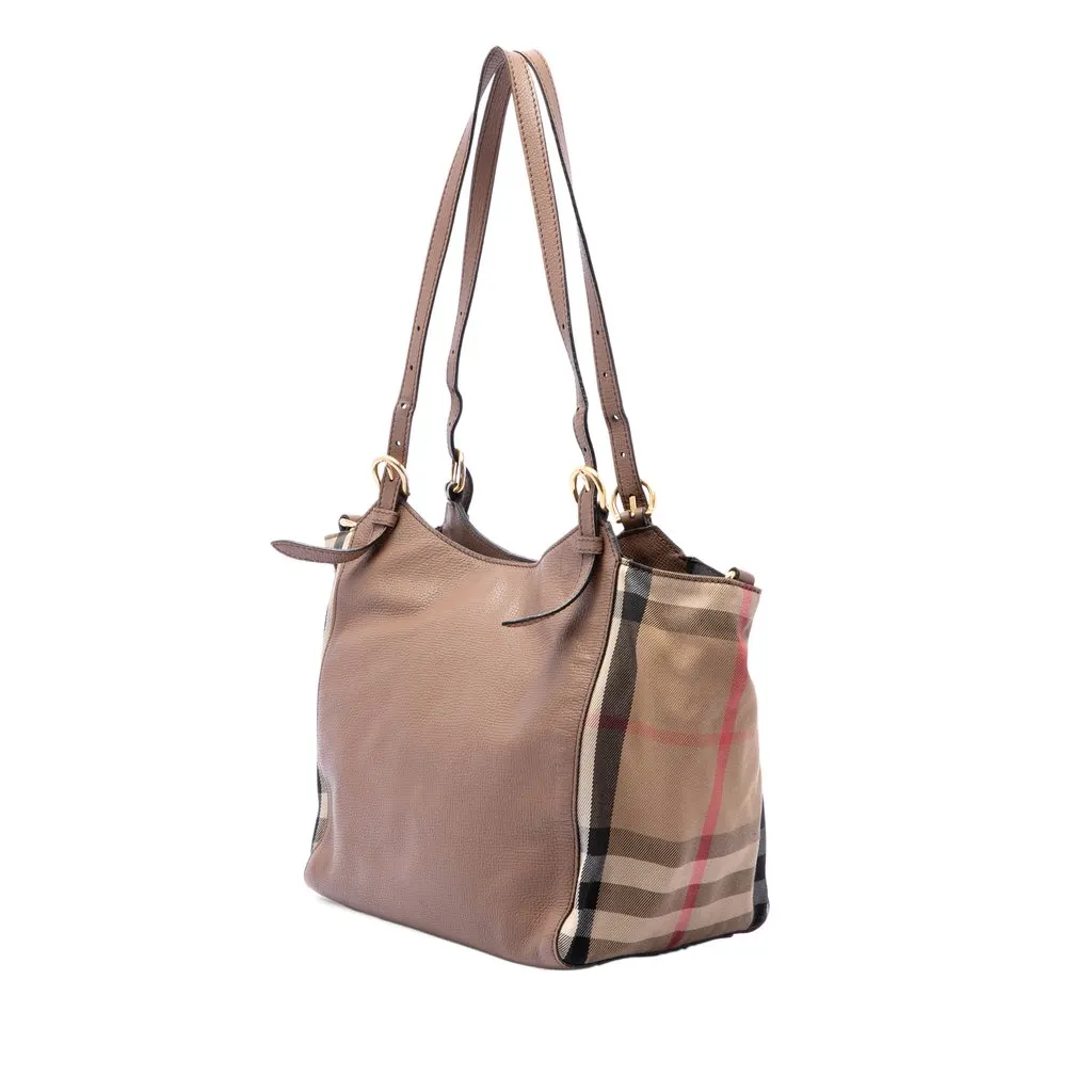 Burberry Small Derby Calfskin and House Check Canvas Canterbury Tote Beige Leather Very good - Back View