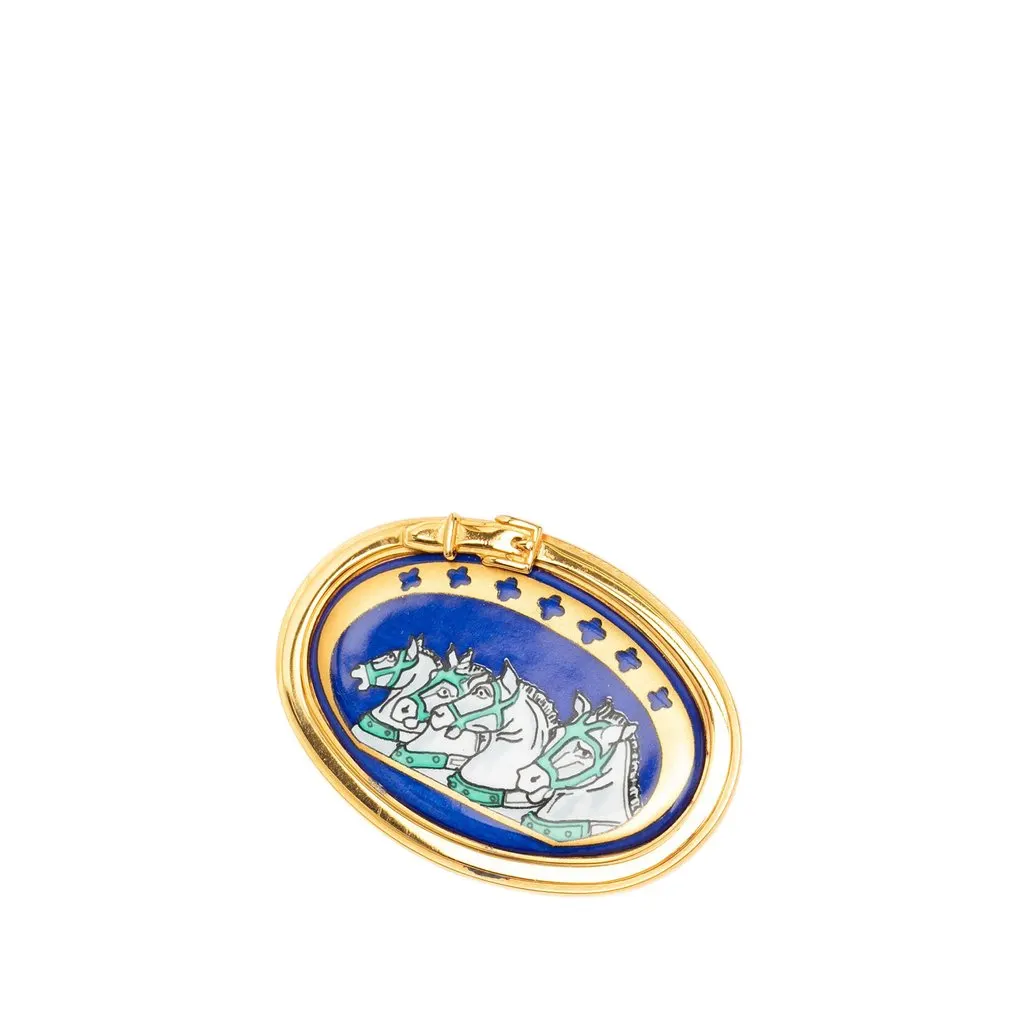 Hermès Enamel Chevaux Pin Brooch Blue Very good - Front View