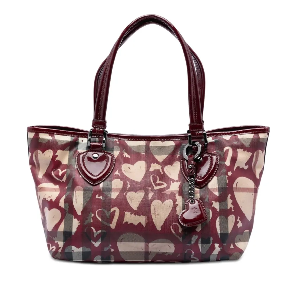 Burberry House Check Coated Canvas Hearts Gracie Tote Red Good - Front View