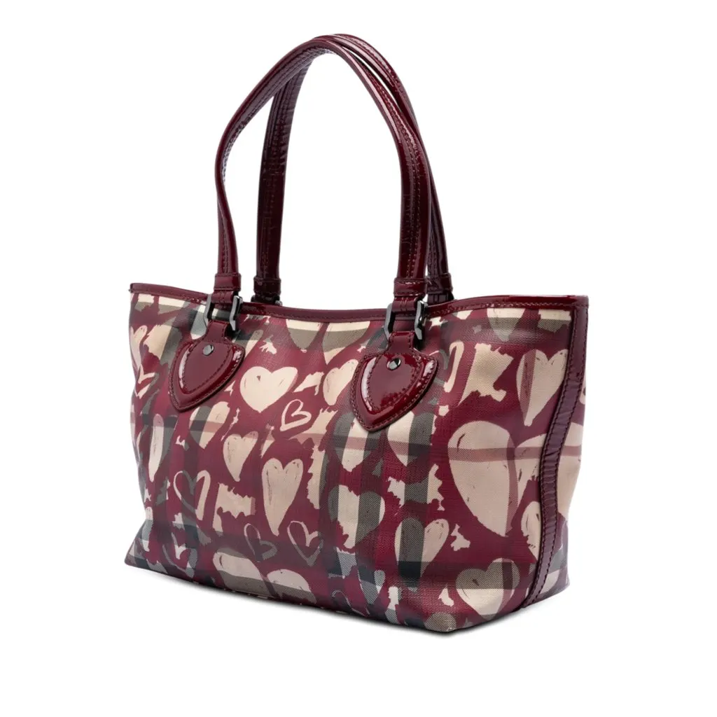 Burberry House Check Coated Canvas Hearts Gracie Tote Red Good - Back View